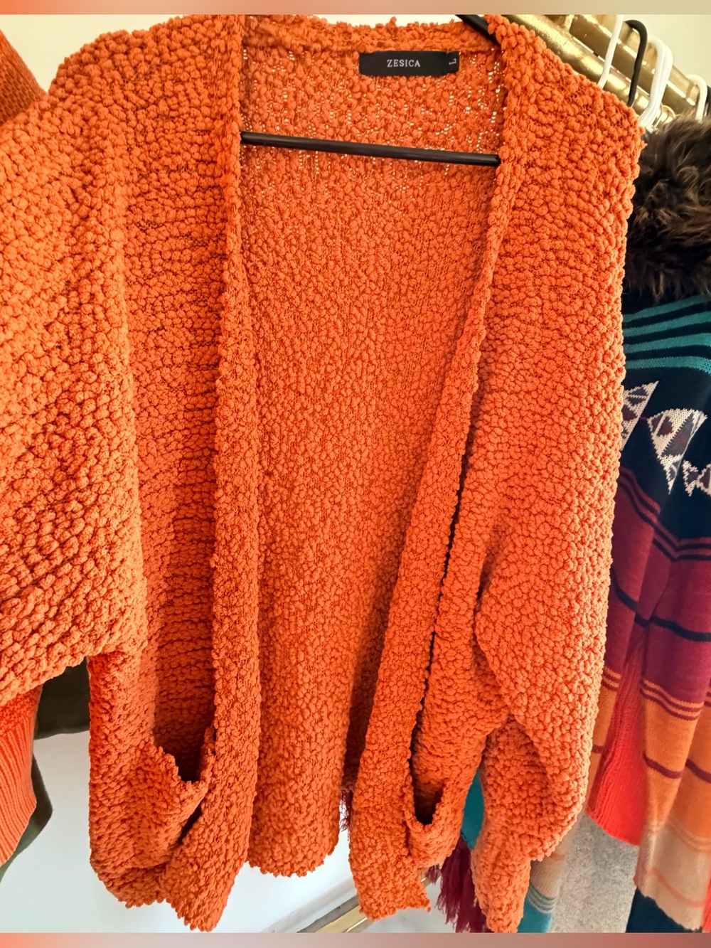 Zesica Orange Plush Open-Front Women's Cardigan